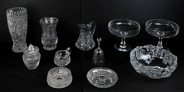 ABP and Other Cut and Pressed Crystal Articles, 11: Ten American Brilliant Period and other cut and pressed crystal articles comprising an American Brilliant period cut crystal ashtray, a cut crystal covered sugar or honey jar, a cut crystal creamer, a