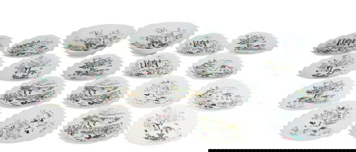 Rosenthal "Bele Bachem" Part Dessert Service, 20: Rosenthal twenty "Bele Bachem" part dessert service, Germany, the triangular plates depicting whimsical hand-painted scenes of Bele, comprising 2 serving dishes and 18 dessert plates, marks to base. [