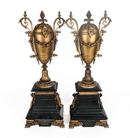 Pair of Gilt Metal and Black Marble Urn Garnitures