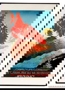Art Deco French Travel Poster: Art Deco French travel poster "Chemin de Fer a Cremaillere de Chamonix au Montenvers Mer de Glace" depicting a railway traversing the French Alps. Designed by Roger Soubie (French, 1898-1984), 1920. [