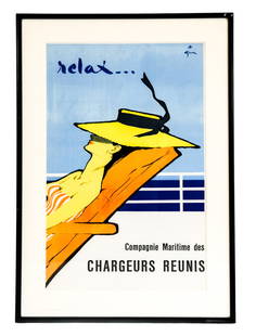 Vintage French Travel Poster: Vintage French travel poster "Relax... Compagnie Maritime des Chargeurs Reunis" depicting a woman lounging on a cruise ship. Designed by Rene Gruau (Italian, 1909-2004), 1961. [Poster: 38" H x 24.25"