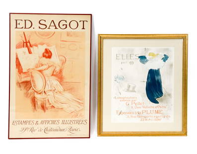 2 Vintage French Art Posters: Two Vintage French Art Posters, including: exhibition poster for "Elles" at La Plume, Paris depicting a work by Henri de Toulouse-Lautrec; and a French advertising poster for Ed Sagot Estampes & Affic