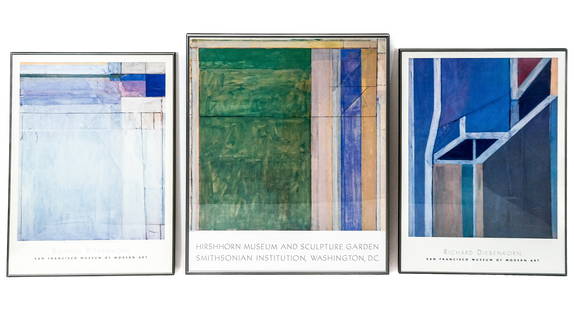 3 Richard Diebenkorn Museum Posters: Group of three framed Richard Diebenkorn art posters, including two San Francisco Museum of Modern Art posters [37.75" H x 27.25" W], and one Hirshhorn Museum and Sculpture Garden, Smithsonian poster