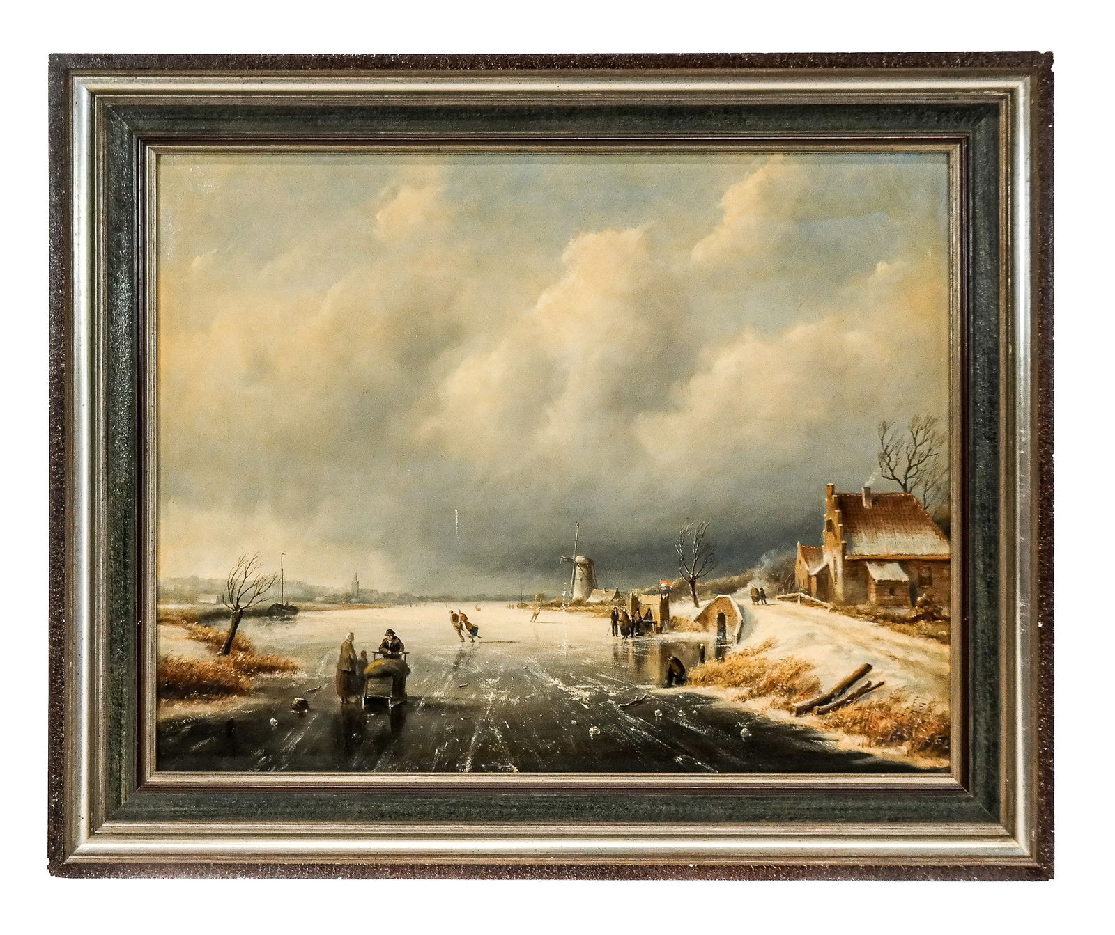 J. BROLSMA: Winter Landscape - Oil on Canvas: Johannes Hessel Brolsma (Netherlands, 1909-1990) oil on canvas landscape painting depicting a frozen lake with figures working and ice skating, a windmill in the distance. Signed lower right "J Brolsm