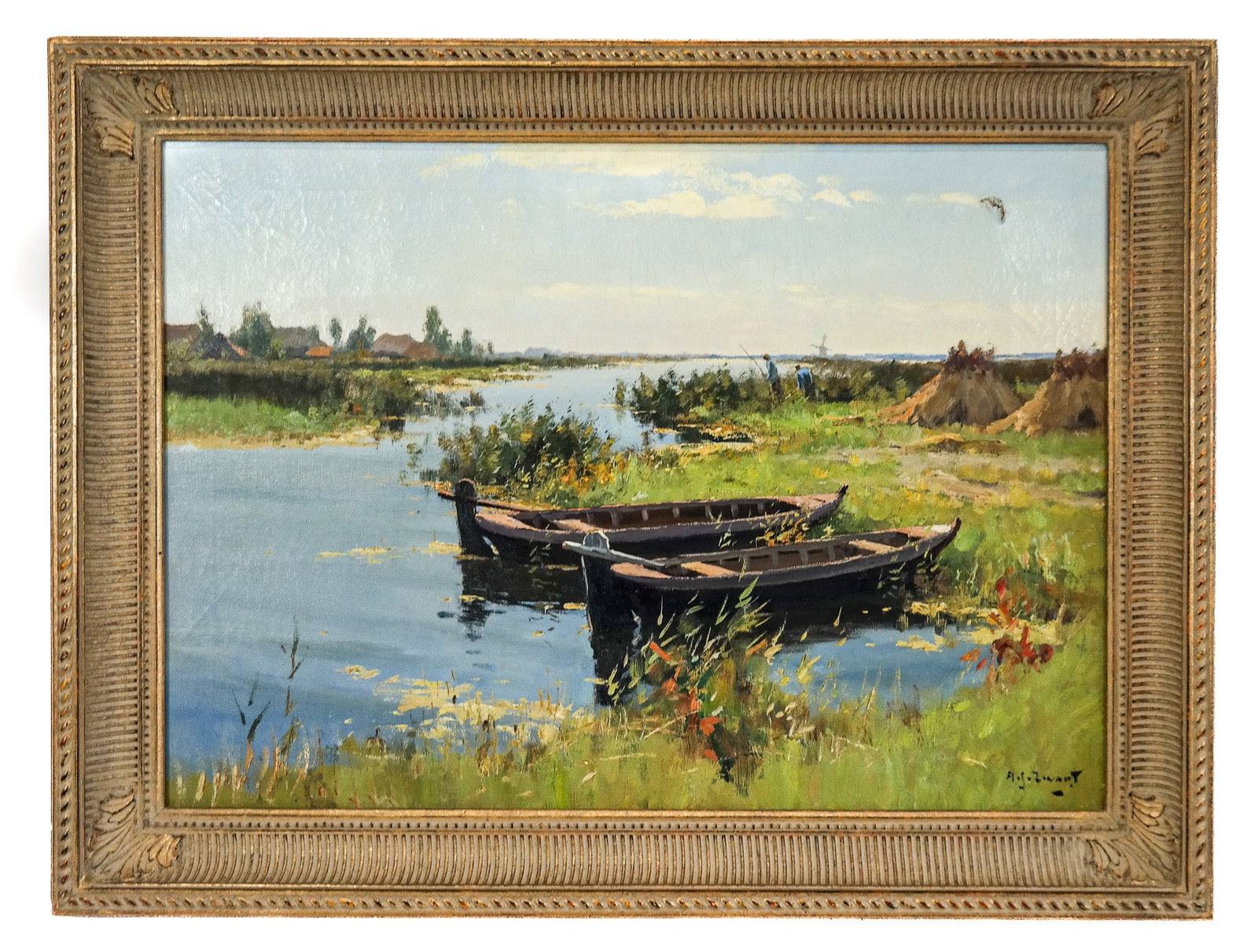 A.J. ZWART: "Rietsnijders..." Landscape - Oil on C: Adrianus Johannes "Arie" Zwart (Dutch, 1903-1981) oil on canvas figural landscape painting titled "Rietsnijders achten Giethoorn" (Reed harvesters in Giethoorn). Signed lower right, "A.J. Zwart" with 
