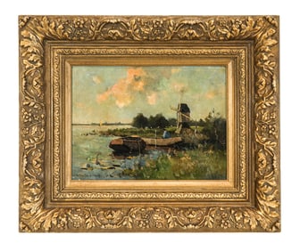 Dutch Landscape w/ Windmill - Signed Oil on Canvas