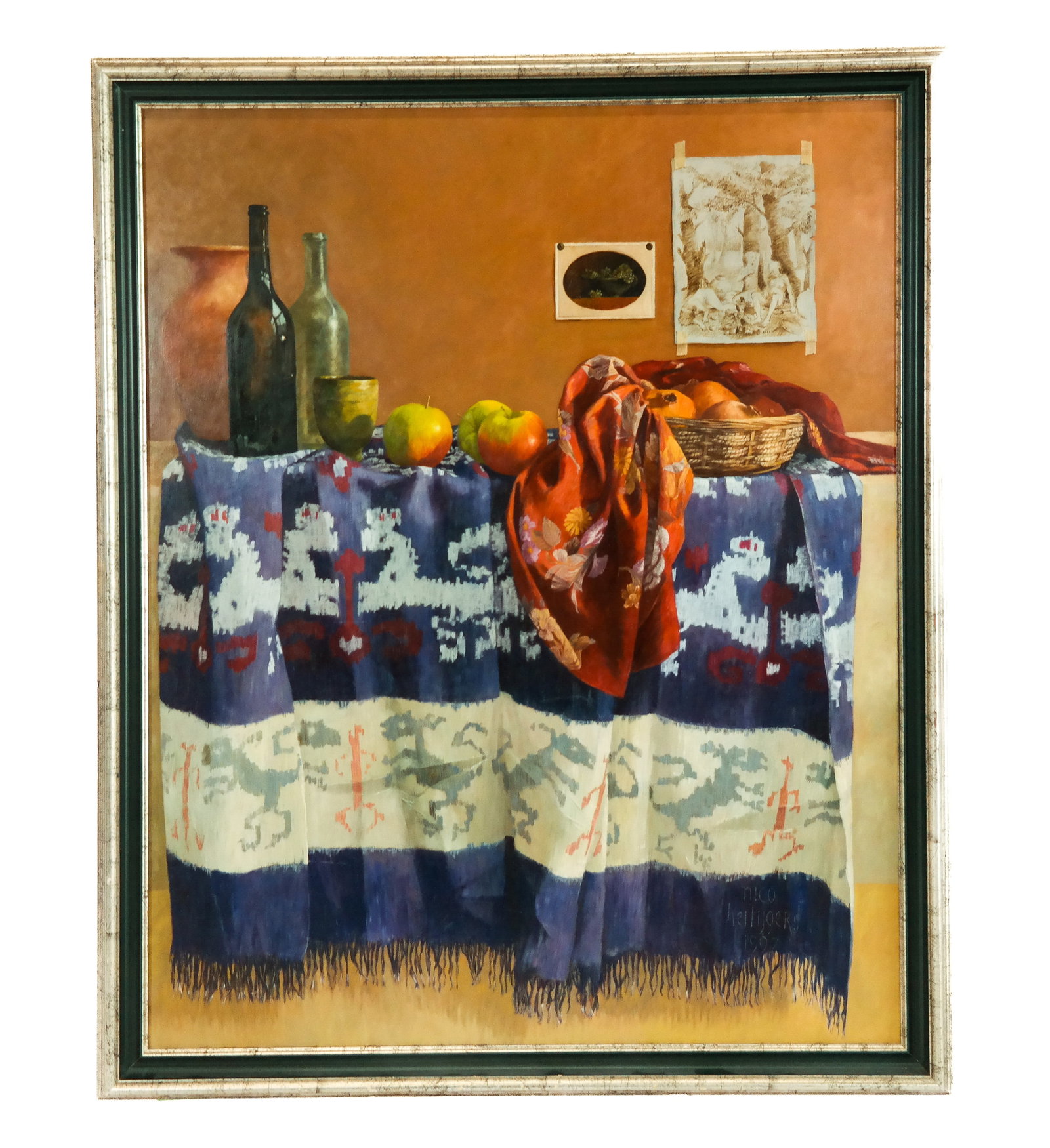 Nico HEILIJGERS: Dutch Still Life - Oil on Panel: Nico Heilijgers (Dutch, b. 1964) oil on panel still life with colorful patterned tablecloths and fruit, with artworks hanging in the background. Signed and dated within the composition to lower right 