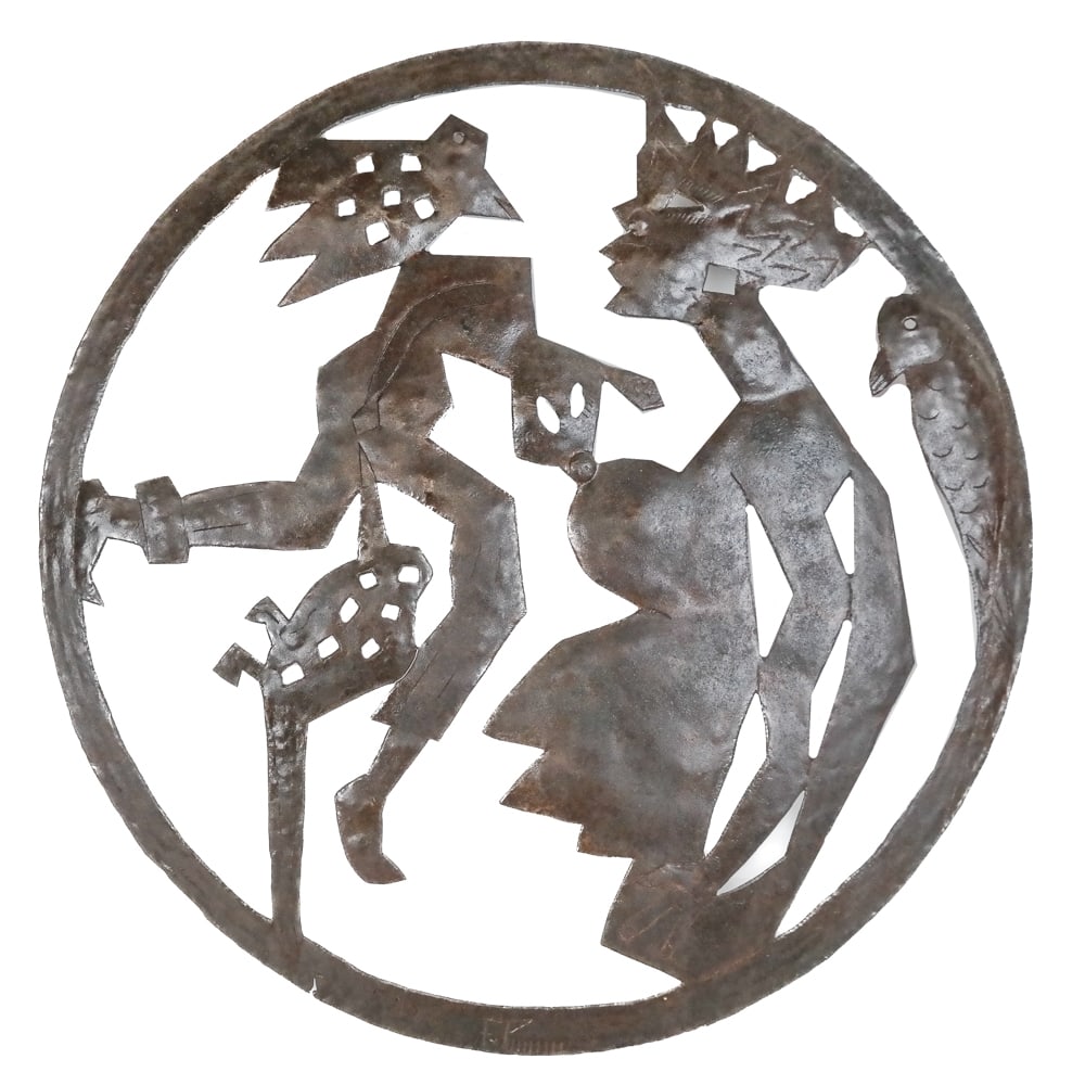 Cut Steel Drum Wall Sculpture: Cut recycled steel drum wall sculpture, probably by Fritzner Pierre-Jacques, Haiti, depicting two figures with birds in a landscape, signed on rim "F. P. J. F y P lllll". [1" H x 23.75" Diameter]. Ove