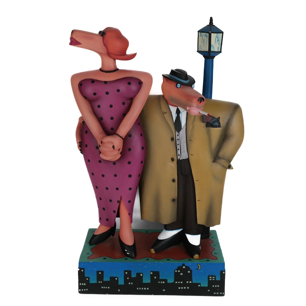 Markus PIERSON "The Gumshoe & The Dame" Sculpture: Markus Pierson (American "The Gumshoe and The Dame" painted and carved wood sculpture, signed on base "174/350 1990 and artist signature". [22.5" H x 14" W x 7" D]. Overall condition is good.