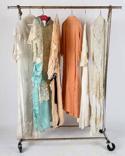Lace and Embroidered Lingerie and Dresses, 5: Five lace and embroidered lingerie articles and dresses comprising an antique lace and embroidered dress circa 1920 with a pierced and embroidered bodice, lace accents and lace sleeves with an linen s