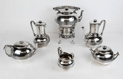 Tiffany & Co. Early Silver Tea & Coffee Service, 6: Tiffany & Co. important early sterling silver six piece tea and coffee service, comprising hot water kettle on stand, coffee pot, teapot, chocolate pot, creamer and covered sugar, each top and upper s