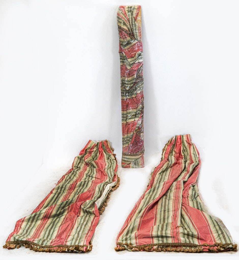 Fabric Valance With Drapes: Valance and drapes in colored stripes with bell fabric tassels. [Panels: 62" W x 108" L; valence: 82" W].