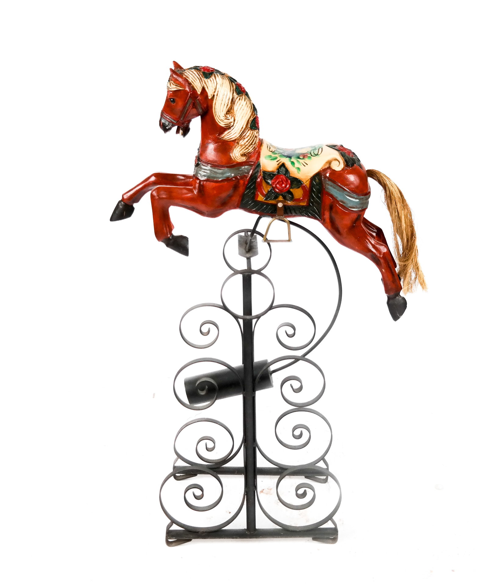 Painted Wood and Metal Rocking Horse Kinetic Sculpture: Painted wood and metal rocking horse kinetic sculpture, probably last quarter of the 20th century. [42" H x 25" W x 10.5" D]. Overall condition is good.