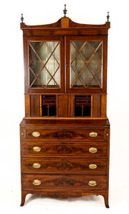 Hepplewhite Mahogany Secretary: Hepplewhite mahogany secretary, late 20th century, with line inlay, the urn form finials above glazed cabinet doors, two adjustable shelves, tambour slides opening to reveal cubbyholes and drawers, fe