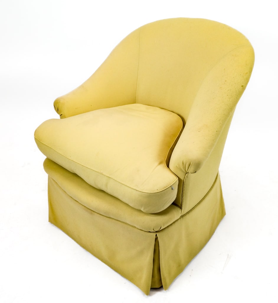 Chiffon Yellow Upholstered Boudoir Chair: Chiffon yellow upholstered boudoir / slipper chair. [33" H x 30.5" W x 28" D]. Overall condition is fair/good, some spotting to fabric.