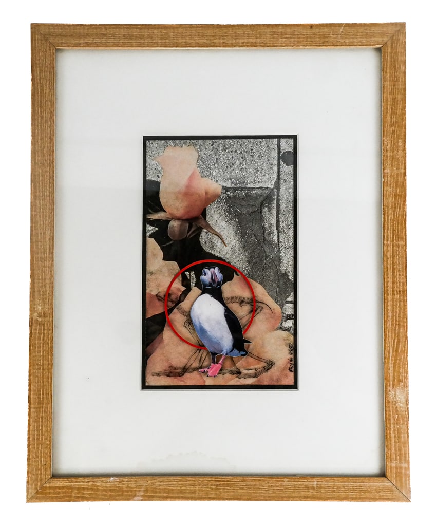 Michael KNIGIN Puffin Mixed Media: Michael Knigin (American, 1942-2011) Puffin Collage, mixed media, signed and dated lower right "Knigin 79 c[copyright]", matted and framed. [Art: 8" H x 4.75" W]. Overall condition is fair, water dama