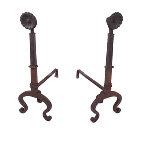 Pair of Wrought Iron Andirons with Rosettes