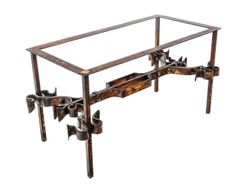 Brutalist Wrought Iron and Glass Top Coffee Table