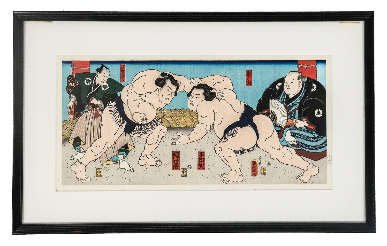 Kunisada TOYOKUNI III, Sumo Match, Woodblock: Kunisada TOYOKUNI III (Japanese, 1786-1865), Sumo Match, woodblock. Label verso. [Work: 7.5" H x 16" W, Frame: 13.25" H x 22" W]. Overall condition is good.