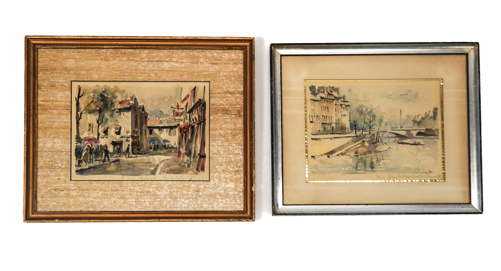 Two Watercolors Of French Scenes: Two watercolors of French scenes, one of Paris and one of Montmartre, signed illegibly. [Larger (framed): 17" H x 20" W].