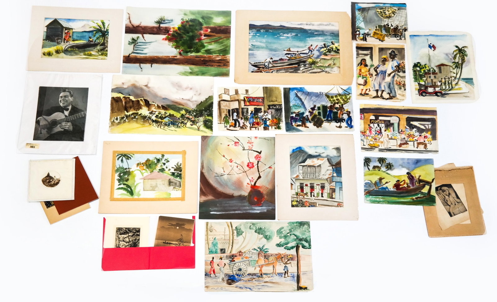 Assorted Unframed Art: Assorted unframed art, mostly watercolors on paper. [Largest: 20" H x 30" W].