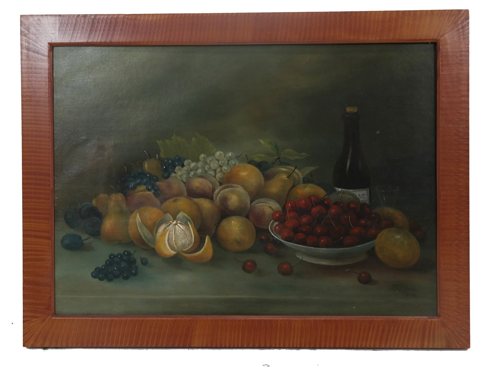 J.H. WHITE: Table Still Life - Oil Painting: J.H. White oil on canvas painting of a table still life with fruit and wine, signed lower right, dated 1902. [Art: 19" H x 27" W; Frame: 24" H x 32" W]. Repair middle left.
