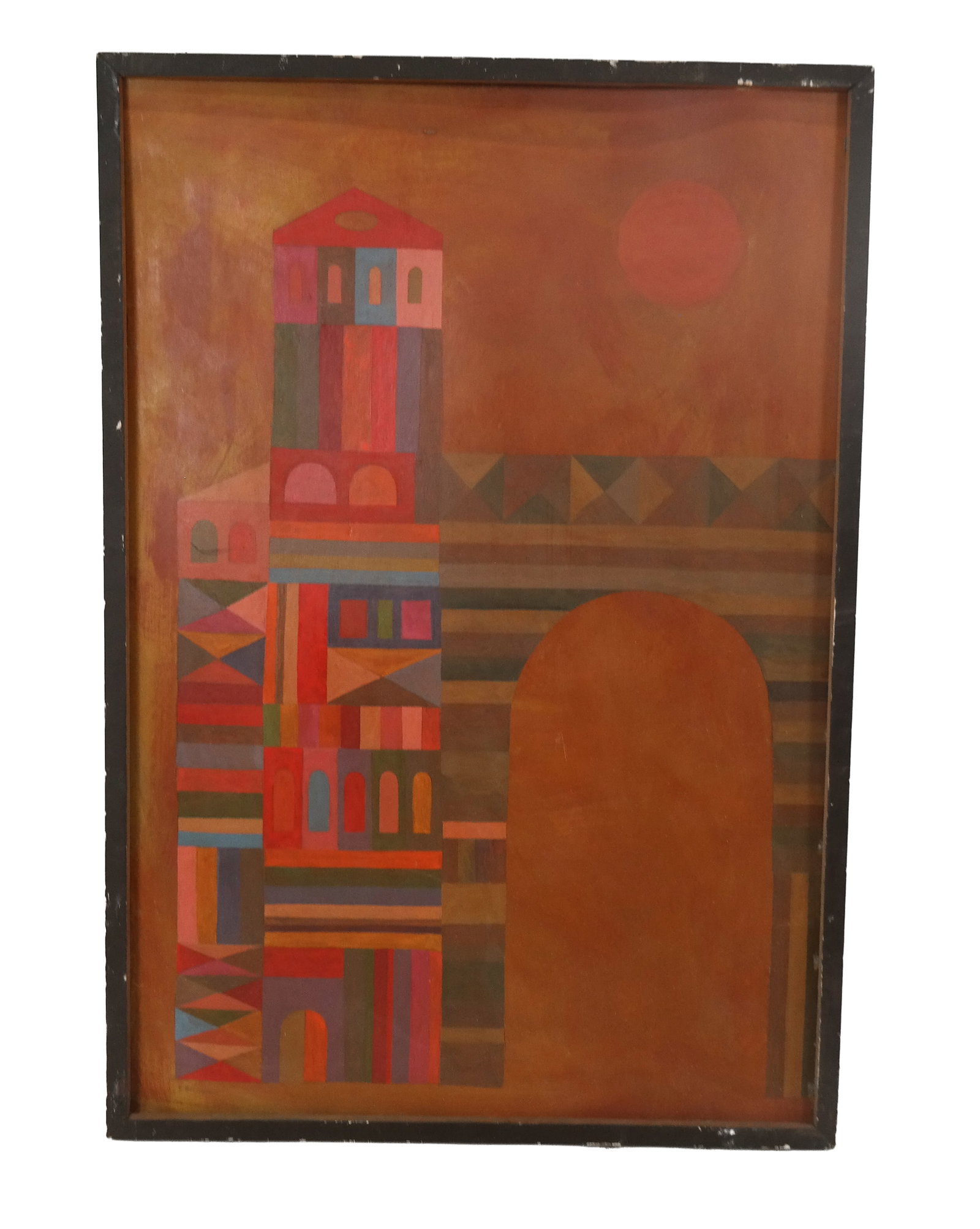 Ernest RUSTIA: City Abstract - Oil On Cardboard: Ernest Rustia (American, 20th century) oil on cardboard abstract painting of a city, signed lower left, titled on back "City Gate". [Art: 37" H x 25" W; Frame: 39" H x 27" W].