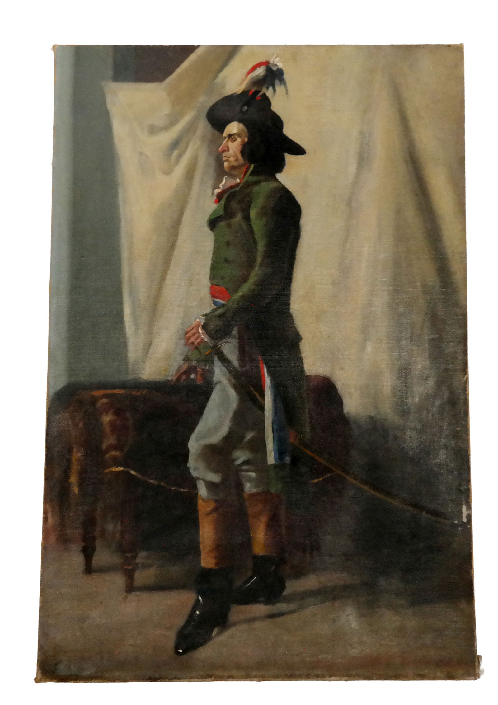 Portrait Of A Soldier - Oil Painting: Standing portrait of a soldier with a hat, sword and leather boots, in oil on canvas, signed illegibly lower left, unframed. [30" H x 20" W]. Abrasions.