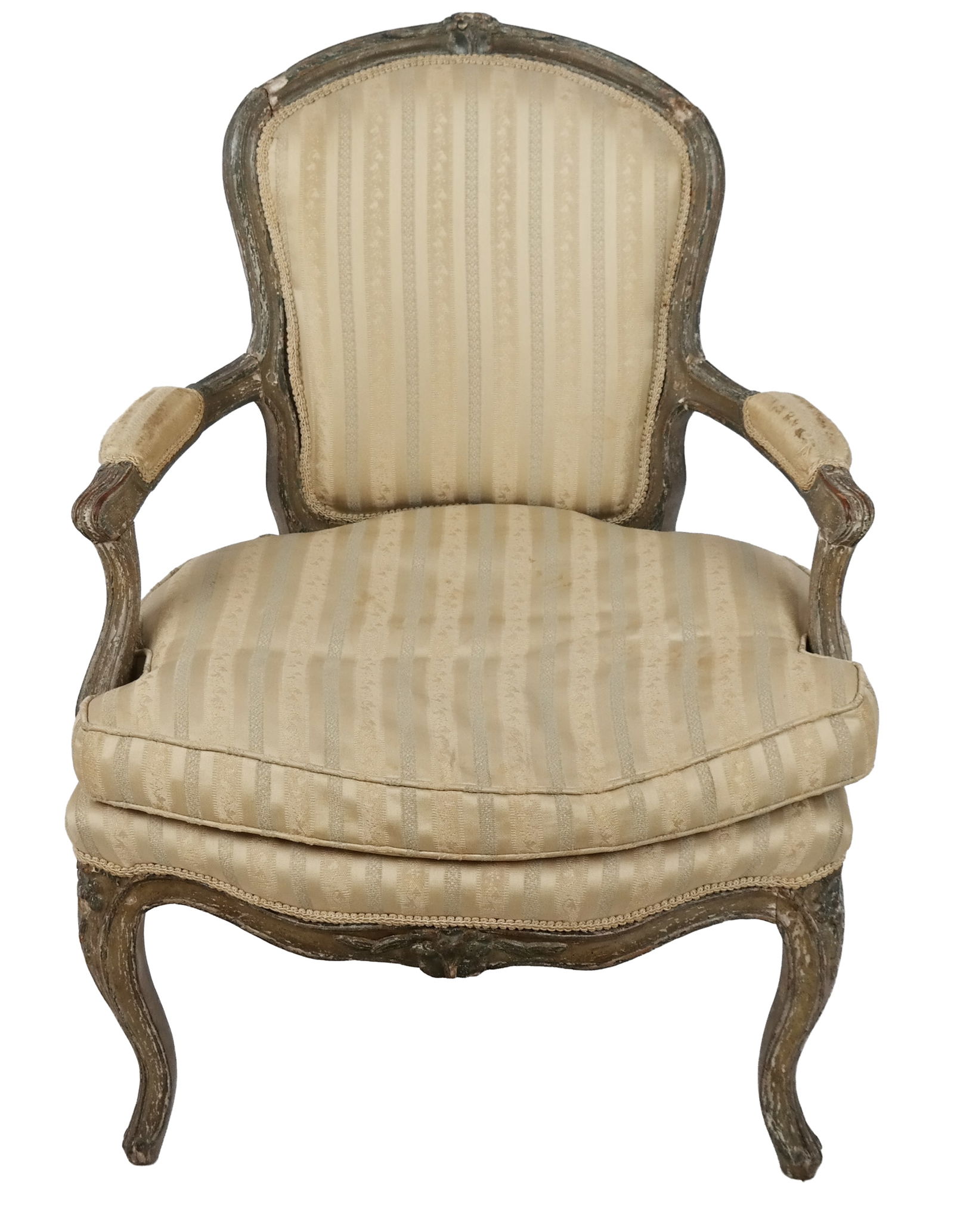 Louis XV Fauteuil: Louis XV fauteuil upholstered open armchair, 19th century, with a carved and decorated frame. [34" H x 25" W x 18" D; seat height: 17"]. Condition is good to fair with wear commensurate with age and s