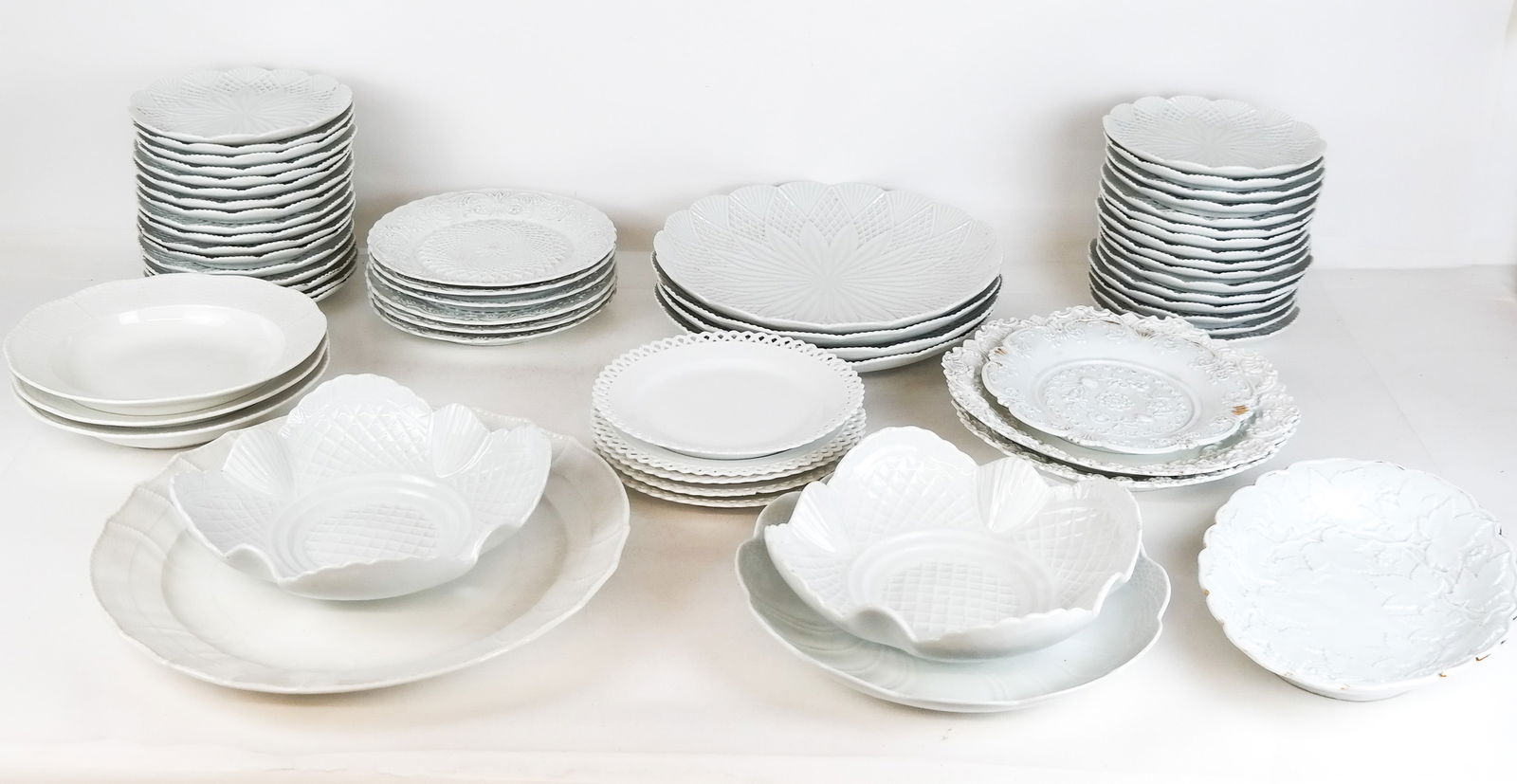 Group Of Meissen & Other German Dinnerware: Assembled group of German dinnerware, including 7" dishes (x 33), 2 salad bowls, a pair of 10" dishes, 11" dishes (x 4), 8" dishes (x 6), a fruit dish, a Dresden bowl, 3 Berlin basket bowls, 8" open p