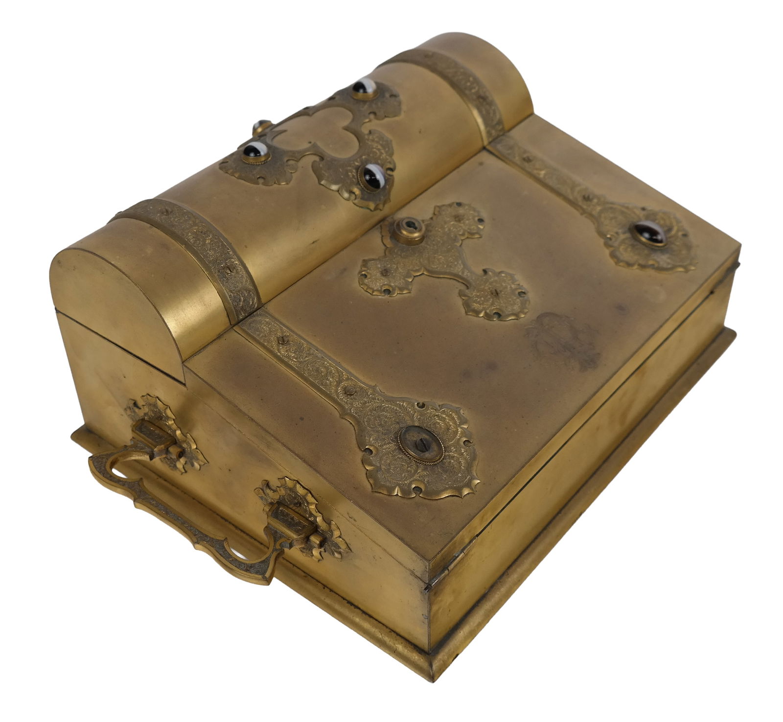 Austrian Bronze Jeweled Lap Desk: Austrian bronze jeweled lap desk with dome top, the foldout lap desk having interior felt tops and silk lined compartments, with bronze-on-bronze mounts, as well as multiple jeweled mounts and handles