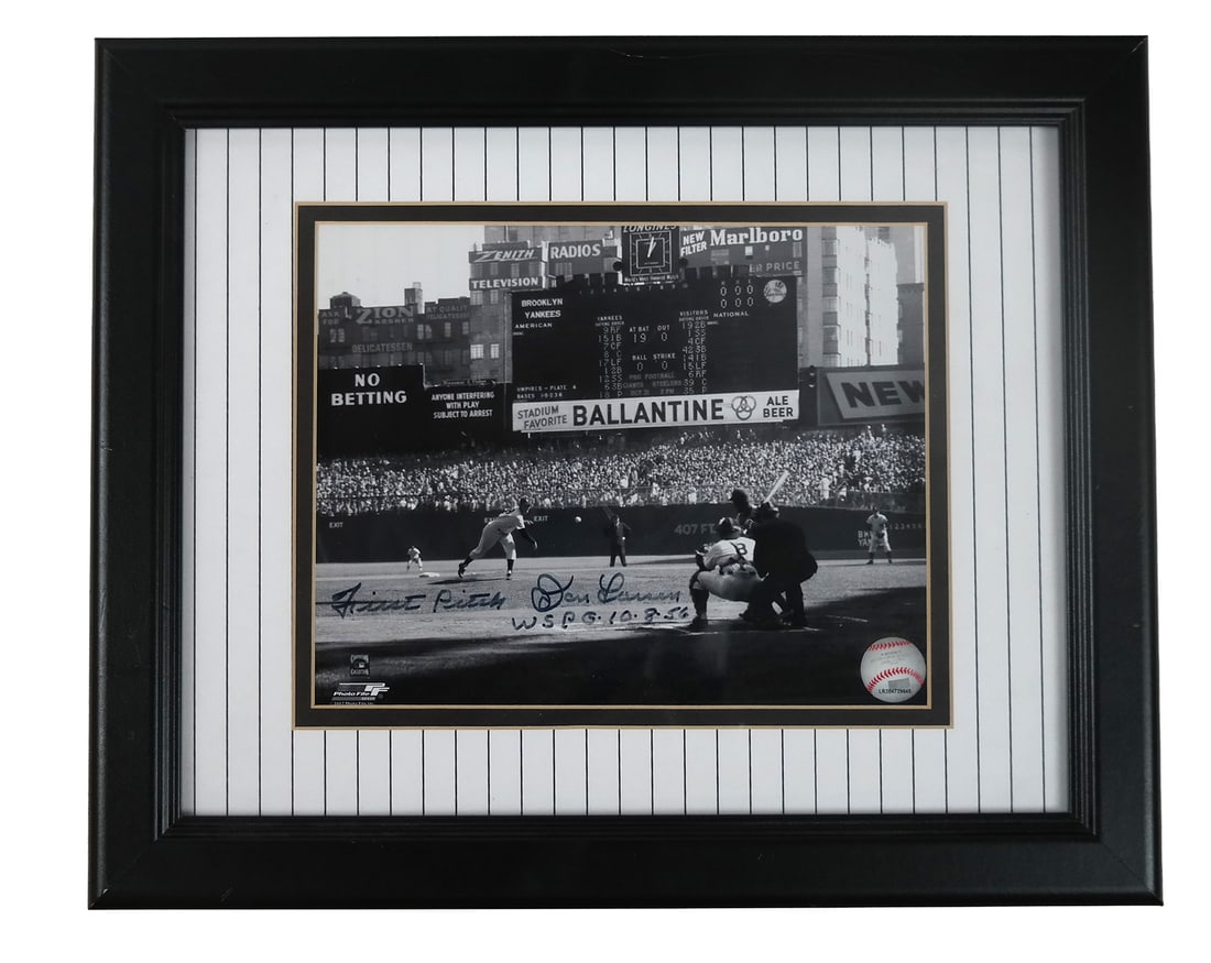 Don Larsen Inscribed Photograph First Pitch WSPG: Don Larsen inscribed photograph "First Pitch Don Larson WSPG. 10.8.56" copy, framed, reverse with Alan's Collectables LLC Certificate of Authenticity. [Sight: 7.5" H x 9.25" W, Frame: 13.25" H x 16.25