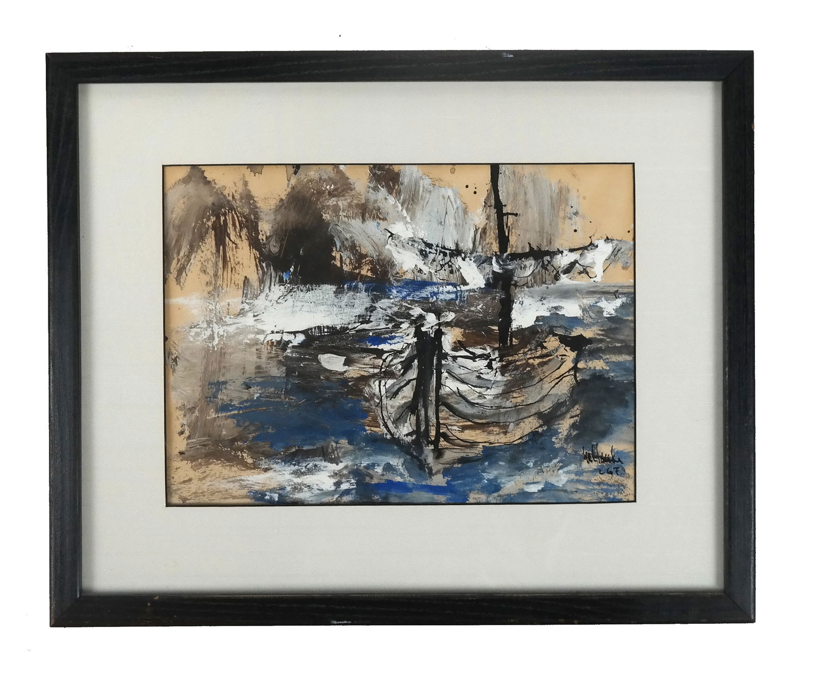 Gino F. HOLLANDER Sailboat on the Beach Watercolor: Gino F. Hollander (American, 1924-2015) Sailboat on the Beach, signed and dated lower right "G Hollander 2.67", watercolor, pen, ink and tempera, [Sight: 9" H x 12.5" W, Frame: 15" H x 18.5" W]. Overa