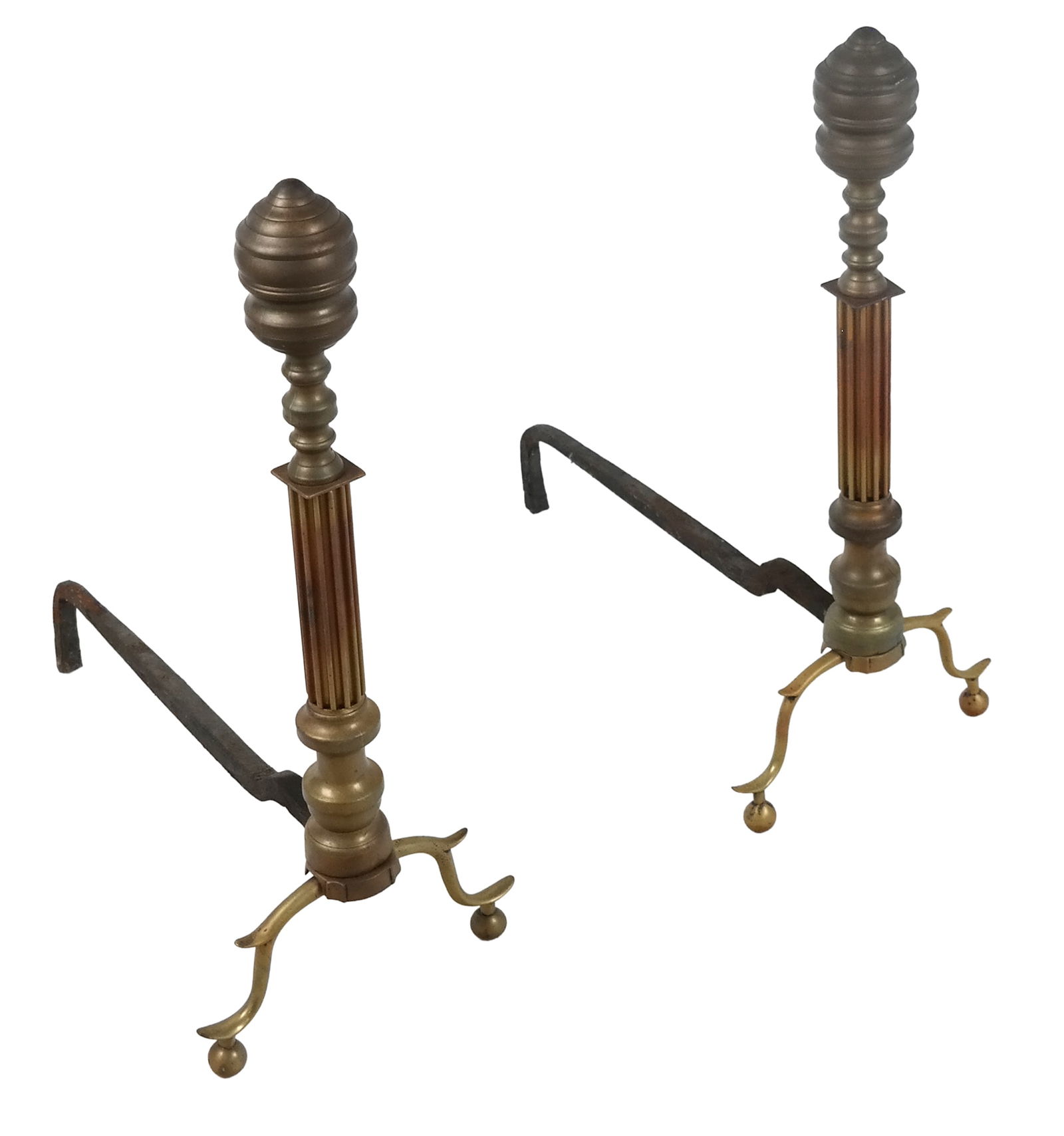 Paif of Brass and Metal Andirons: Pair of brass and metal andirons with fluted columns, shapled legs terminating feet resting on balls. [22" H x 10" W x 19" D]. Overall condition is fair. Formerly from the estate of Laura Leonard Ault