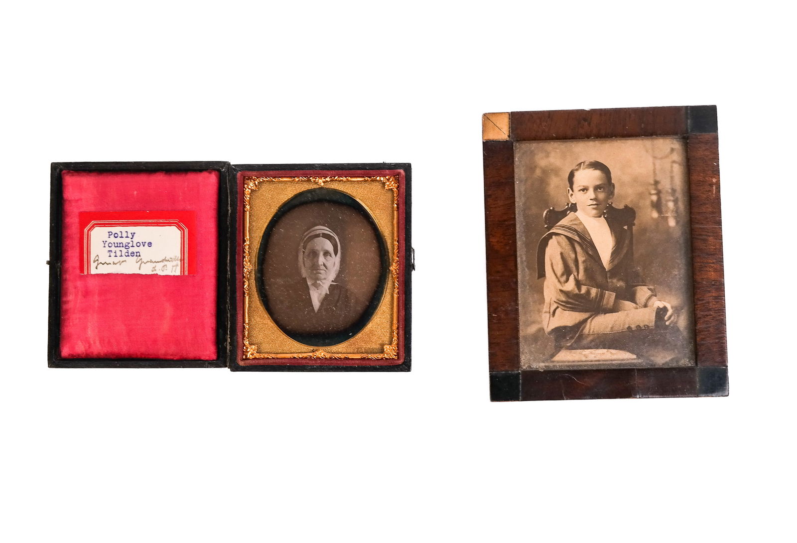 Daguerreotype Portrait And Another: Daguerreotype portrait inscribed "Polly Younglove Tilden" with an illegible signature below, together with a black and white framed photograph of a boy. [Frames: 3.5" H x 3" W; 5" H x 4" W]. Case "as-