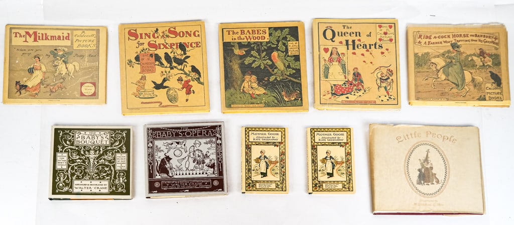 Ten Children's Books: A collection of children's books, including five by Frederick Warne & Co., titled "Ride A Cock Horse to Banbury Cross", "The Babes in the Woods", "The Queen of Hearts", and "Sing A Song of Sixpence"; 