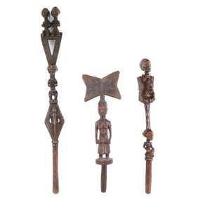 Carved Yoruba Dance Wand (Oshe Shango), & 2 Others