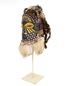 Ornate Cowrie Shell Decorated Kuba Mask on Stand