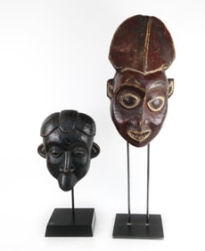 2 Carved & Painted African Masks on Stands