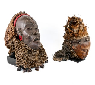 2 Chokwe African Carved Masks on Stands