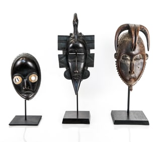 3 Ivory Coast Carved Masks on Stands