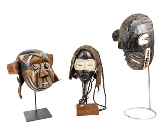 3 Carved & Painted African Masks on Stands
