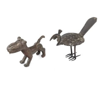 Antique Benin Bronze Dog & an Ashanti Peacock (2)