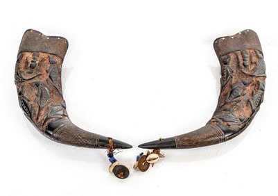 Pair of Decorative Carved Kuba Buffalo Horns