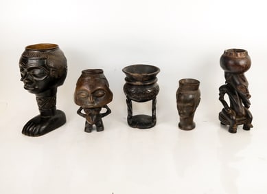 Collection of Kuba African Carved Figural Vessels (5)