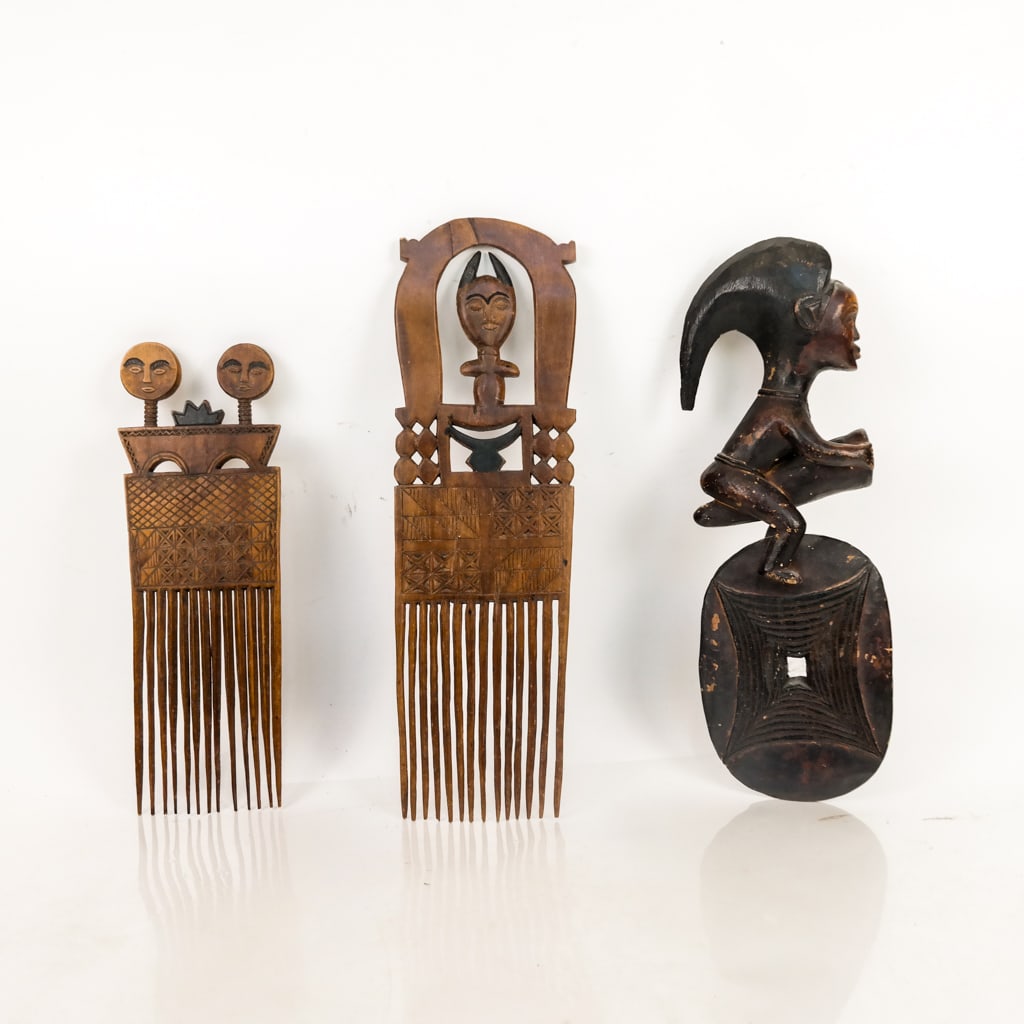3 Ivory Coast Items, 2 Ashanti Combs & 1 Baule Figure (1 of 14)