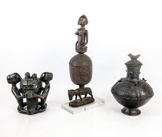 3 African Covered Vessels, Pottery & Carved Wood