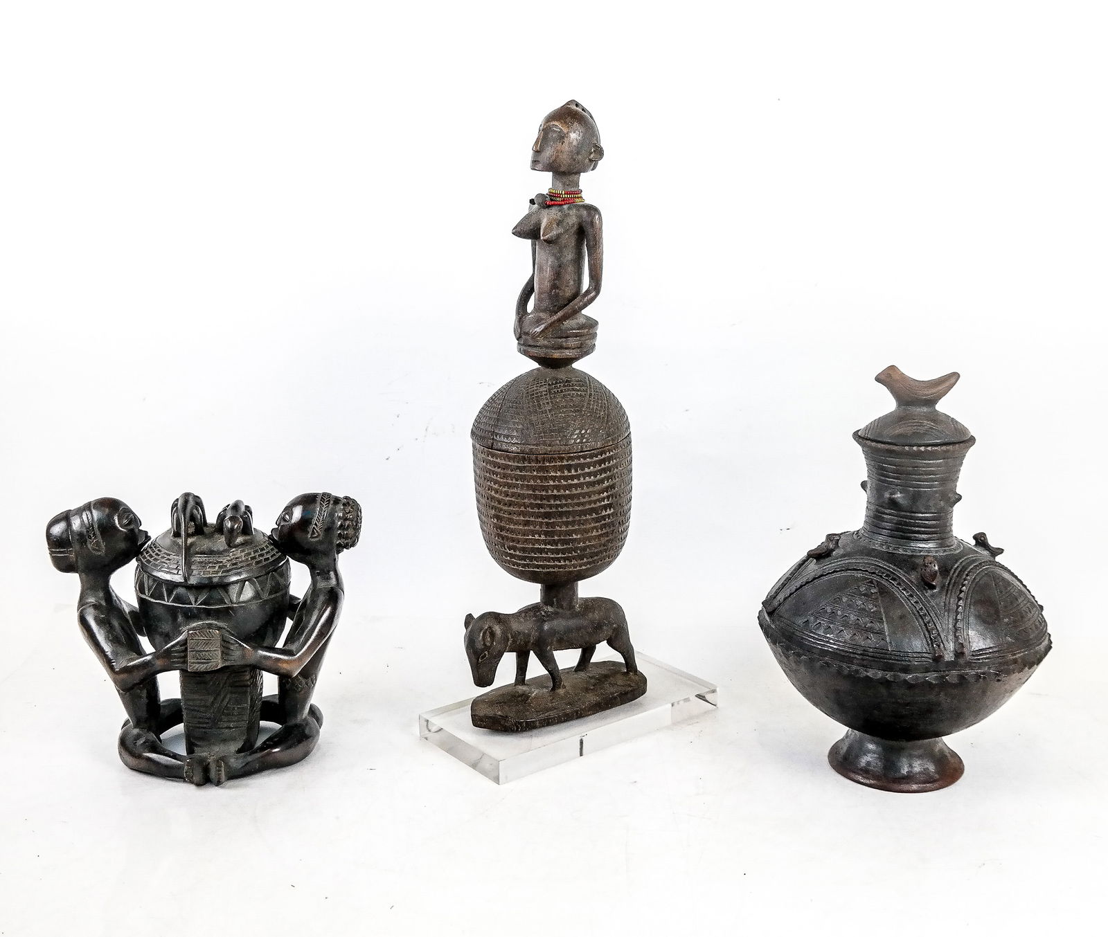 3 African Covered Vessels, Pottery & Carved Wood (1 of 14)