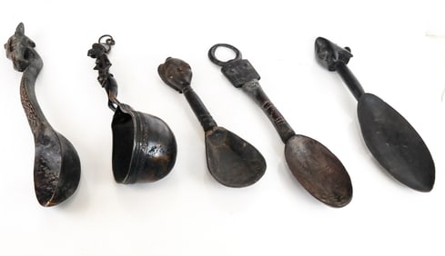 5 Large Antique African Carved Ceremonial Spoons