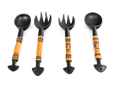 4 African Hand-Carved Ebony Wood Utensils